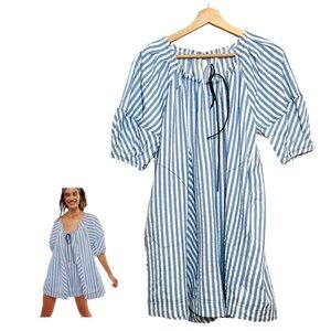 Billowy Romper With Puffy Short Sleeves Blue and White Stripe Size Small